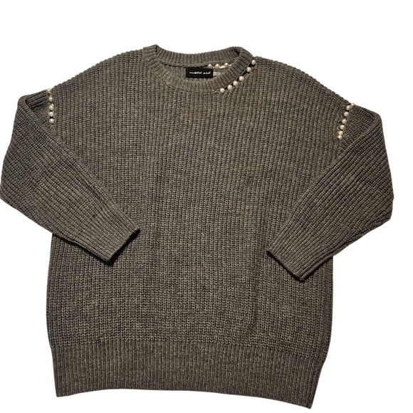Mustard Seed Sweaters - Mustard Seed Womens Gray Pearl Embellished Long Sleeve Knit Sweater‎ Size M